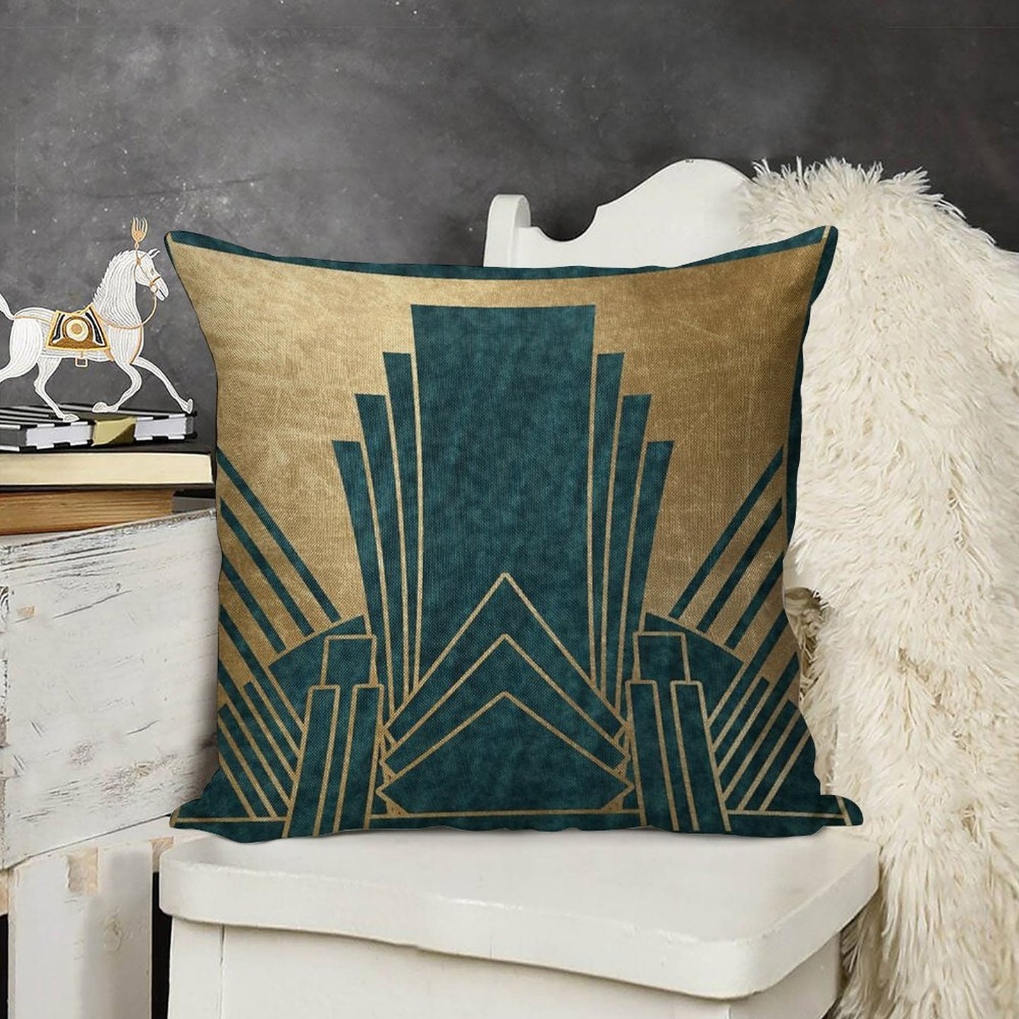 Art Deco Glamour - Teal And Gold Linen Throw Pillow Cover