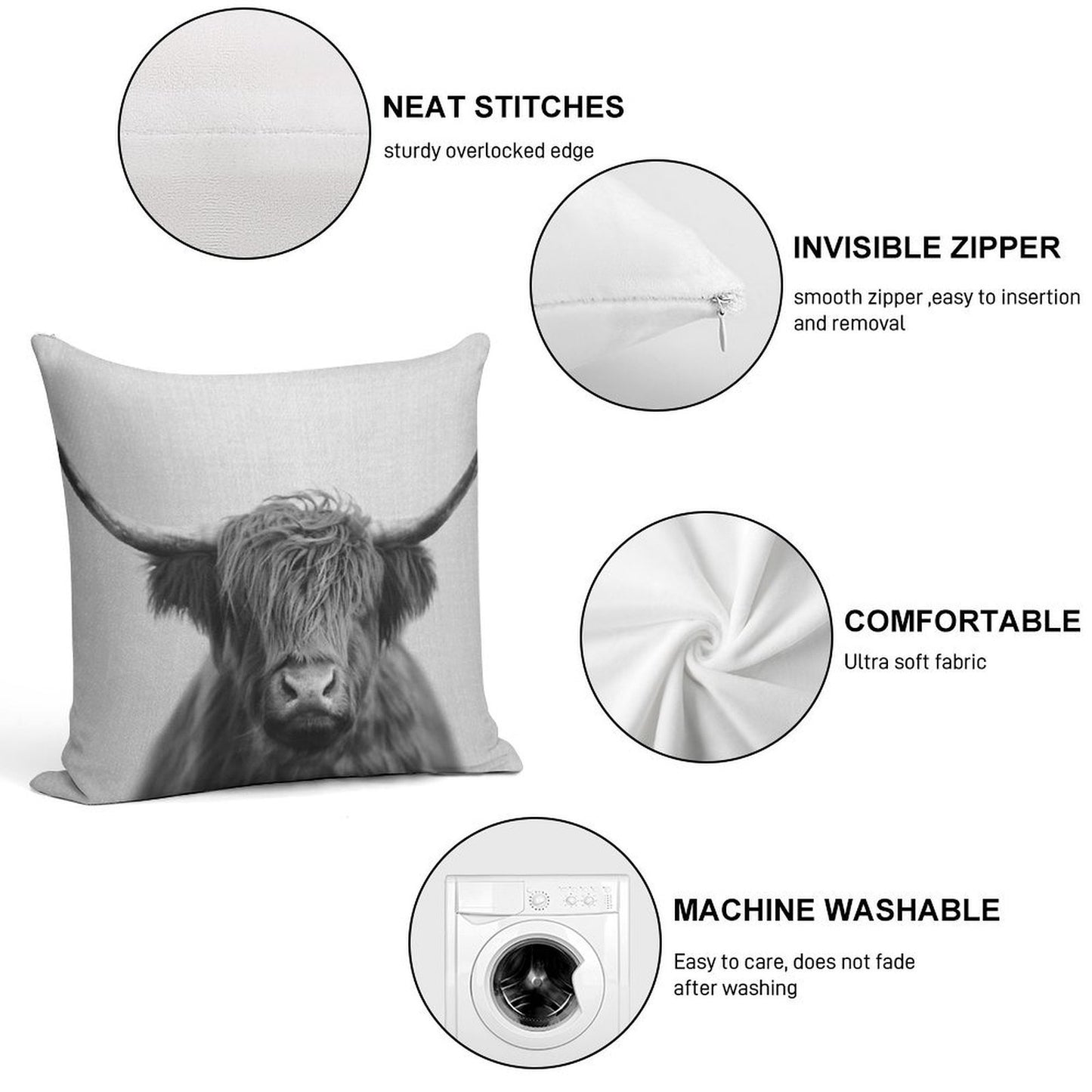 Highland Cow - Black & White Soft Ultra-Soft Texture Throw Pillow