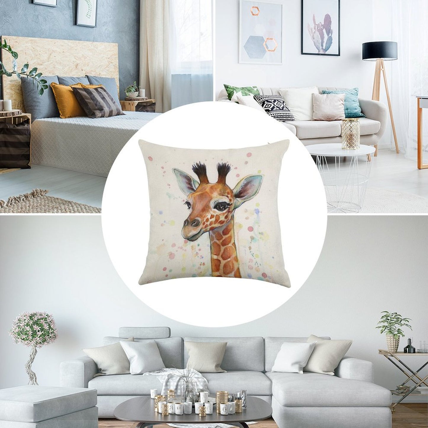Baby Giraffe Watercolor Painting, Nursery Art Linen Throw Pillow Cover