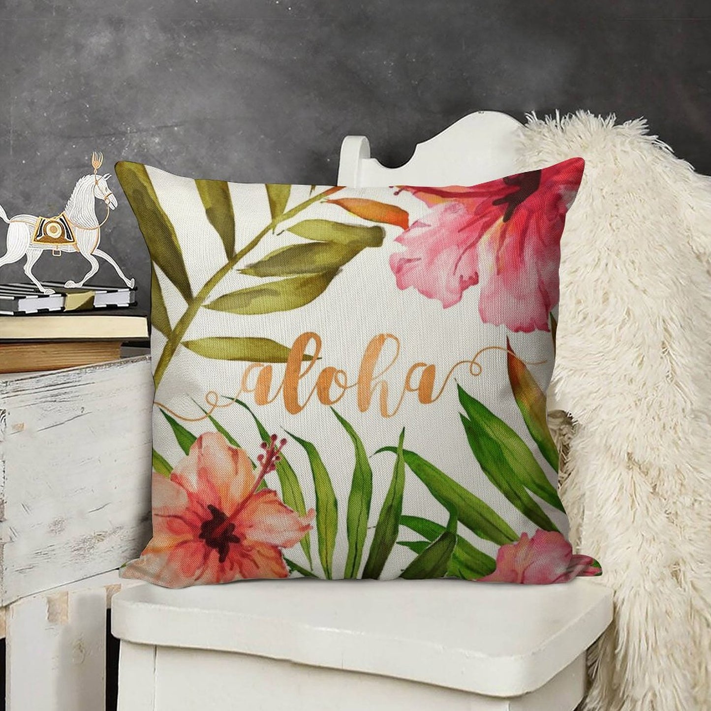 Aloha Tropical Hawaiian Floral Watercolor Linen Throw Pillow Cover
