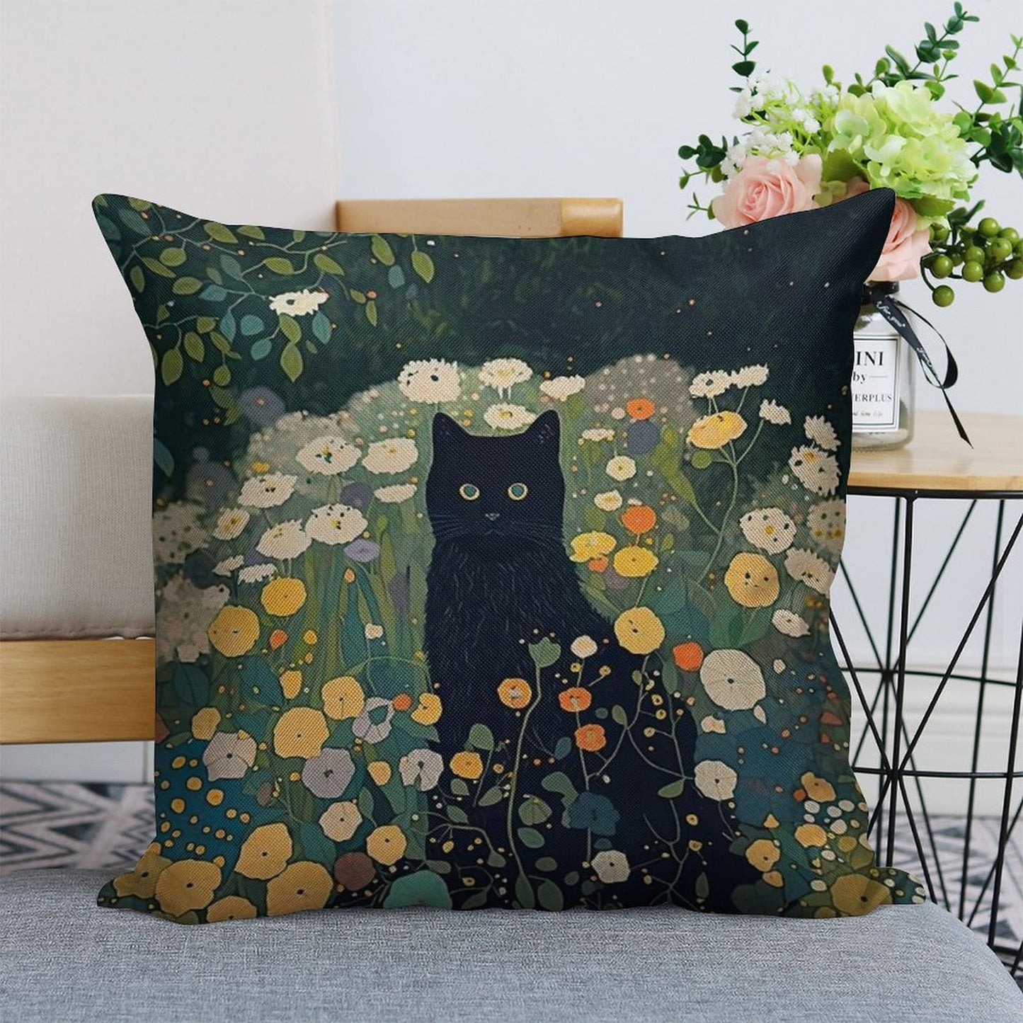 Cat in Klimt Garden Inspiration Linen Throw Pillow Cover