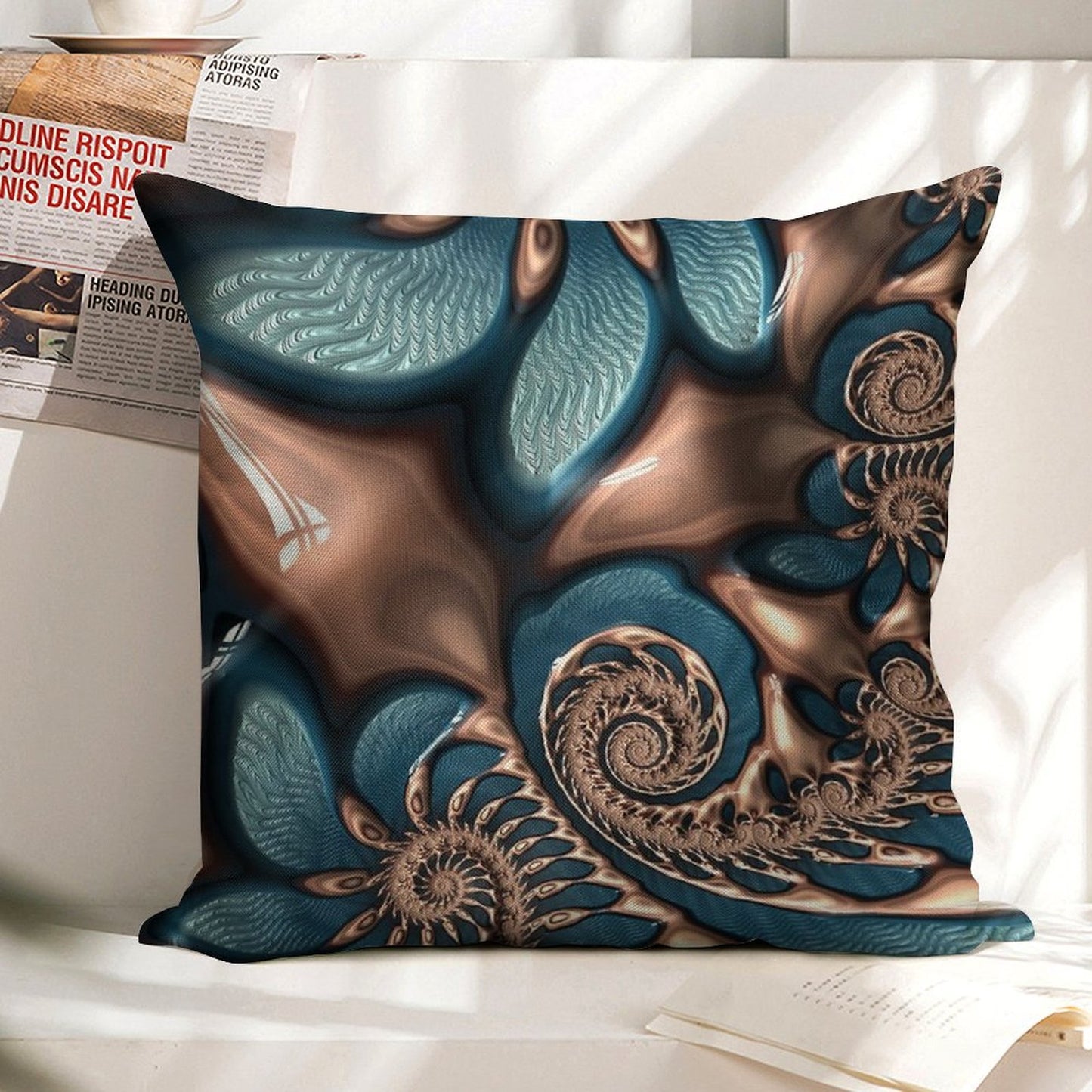 Teal And Chocolate Swirl - Blue Brown Fractal Spirals Linen Throw Pillow Cover