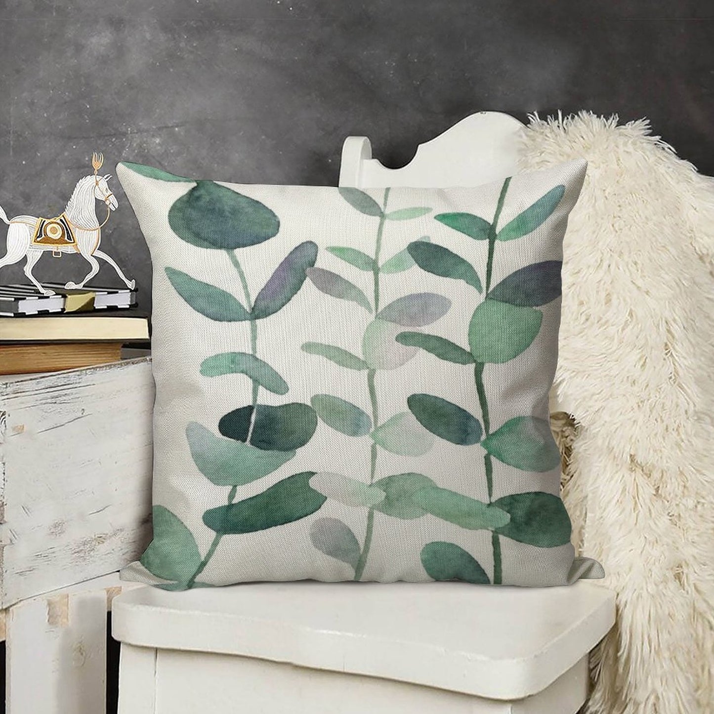 Watercolor, Eucalyptus, Leaves, Botanical, Painting, Green Linen Throw Pillow Cover