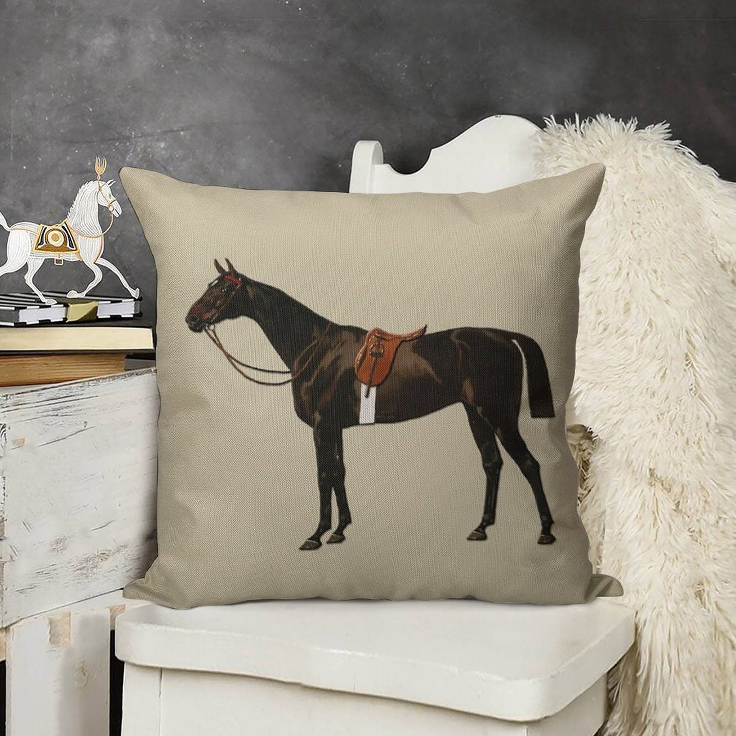 Vintage Equestrian Saddled Riding Horse Linen Throw Pillow Cover