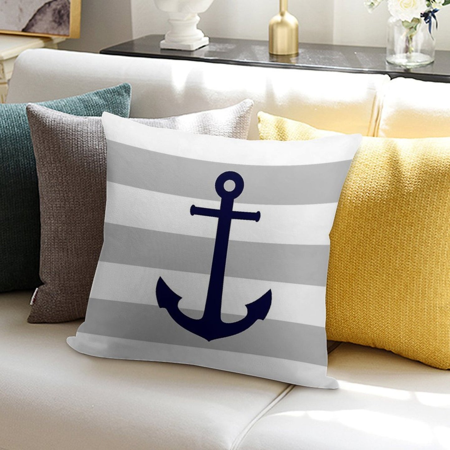 Nautical Navy Blue Anchor On Gray Stripes Soft Ultra-Soft Texture Throw Pillow