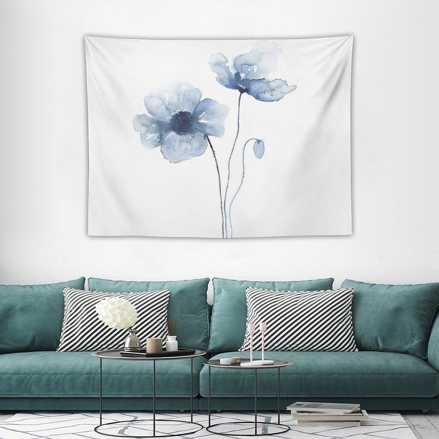 Blue Watercolor Poppies Tapestry