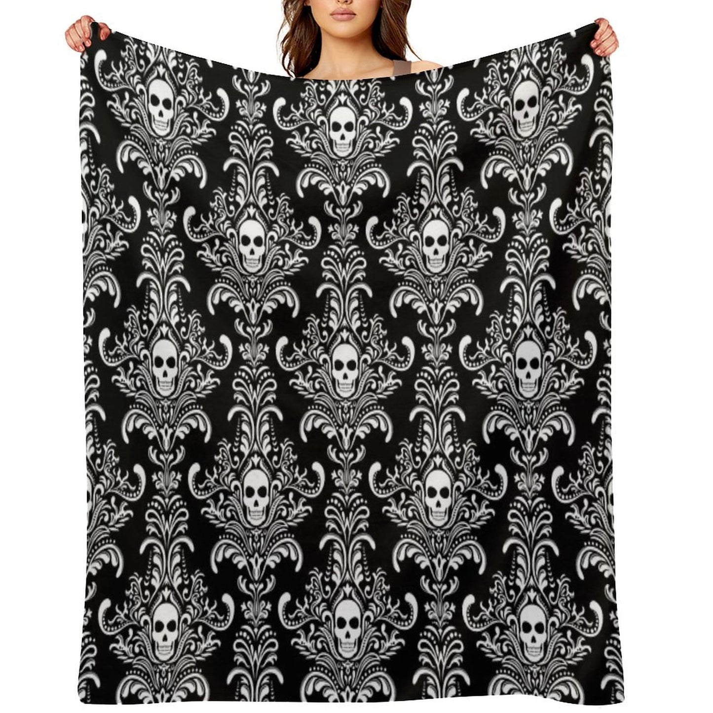 Skulls Damask Goth Halloween Pattern Throw Blanket