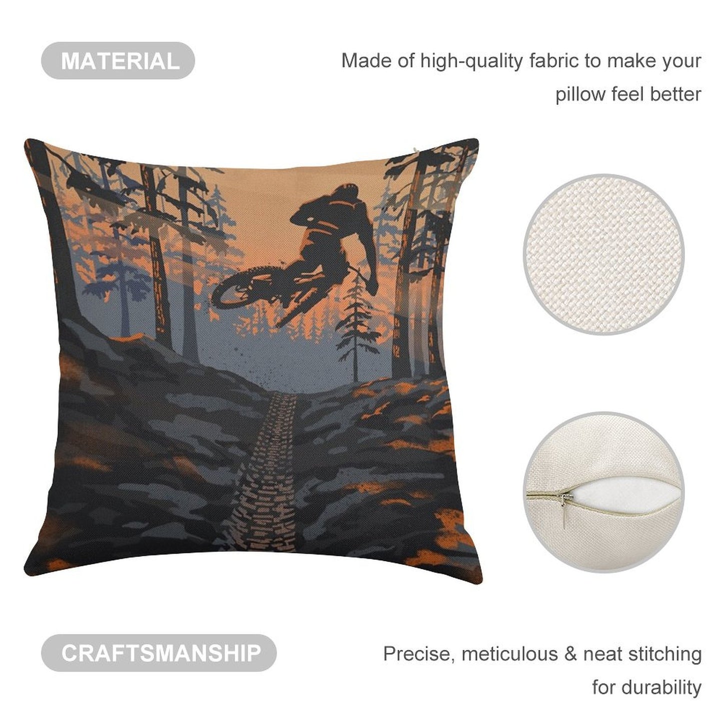 Retro Styled Mountain Biking Dirt Jumper Sunset Linen Throw Pillow Cover