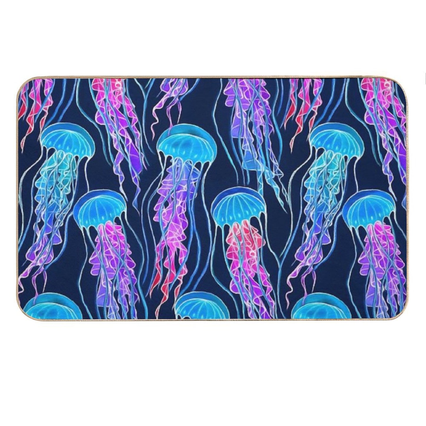 Luminescent Rainbow Jellyfish on Navy Blue Bath Mat
