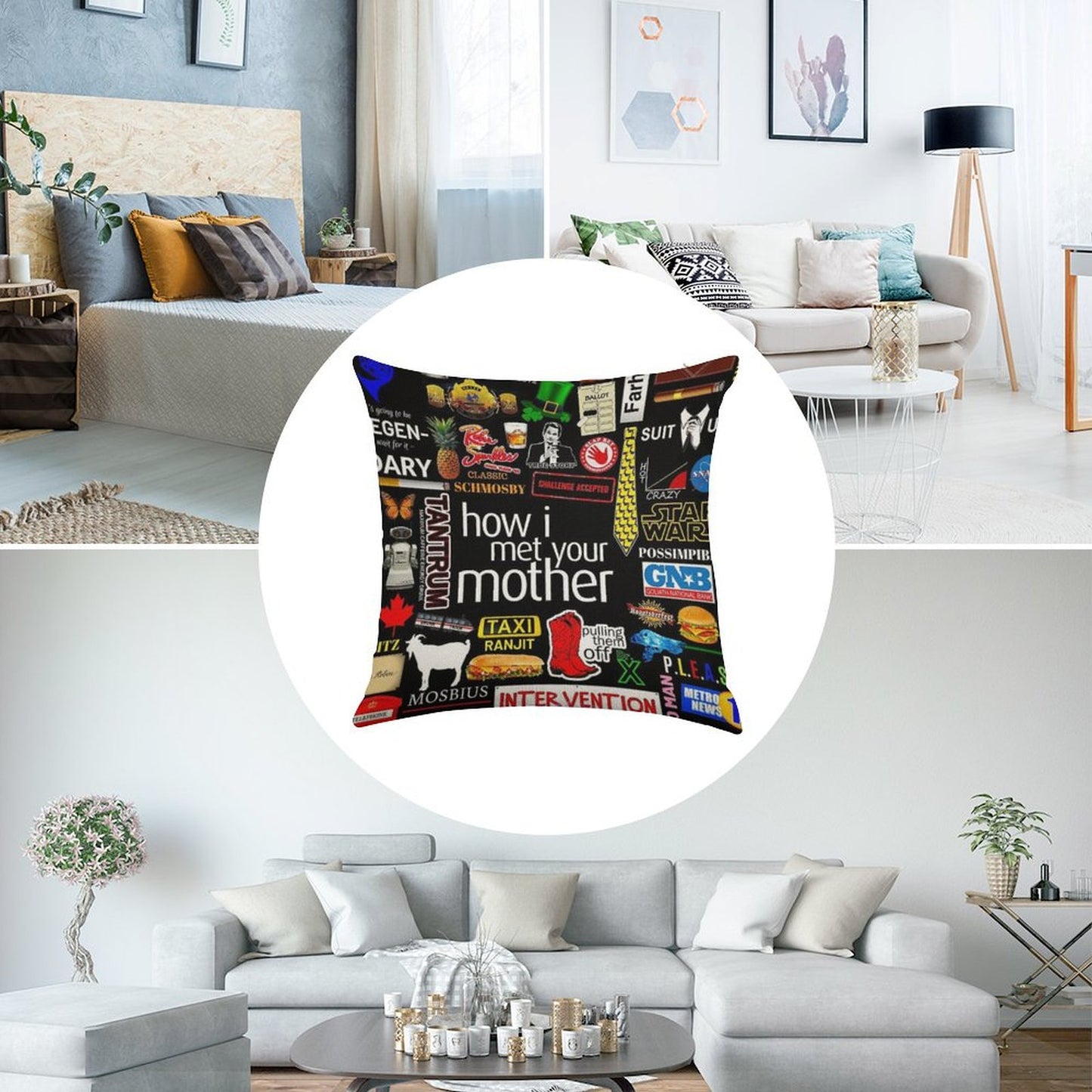 How I Met Your Mother Collage Poster Iconographic - Infographic Linen Throw Pillow Cover