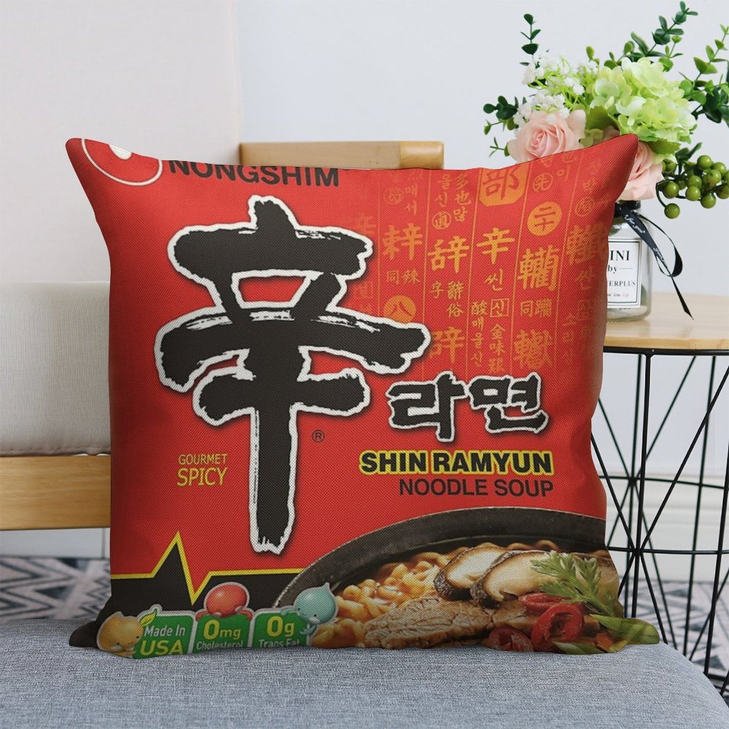 Nongshim Shin Ramyun (Spicy) Linen Throw Pillow Cover