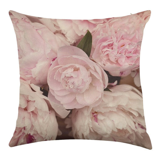 Pink Peony Flowers Linen Throw Pillow Cover