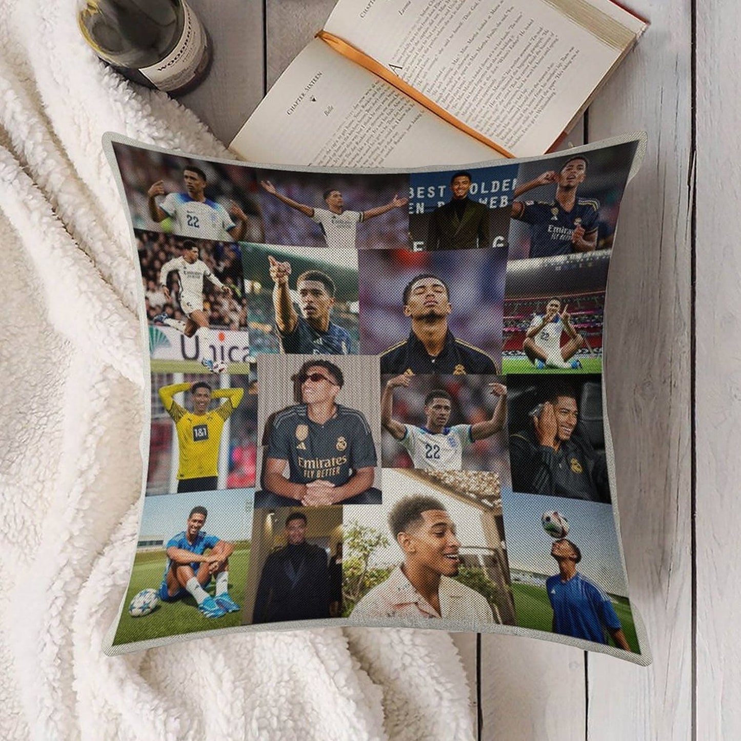 Jude Bellingham Collage Linen Throw Pillow Cover