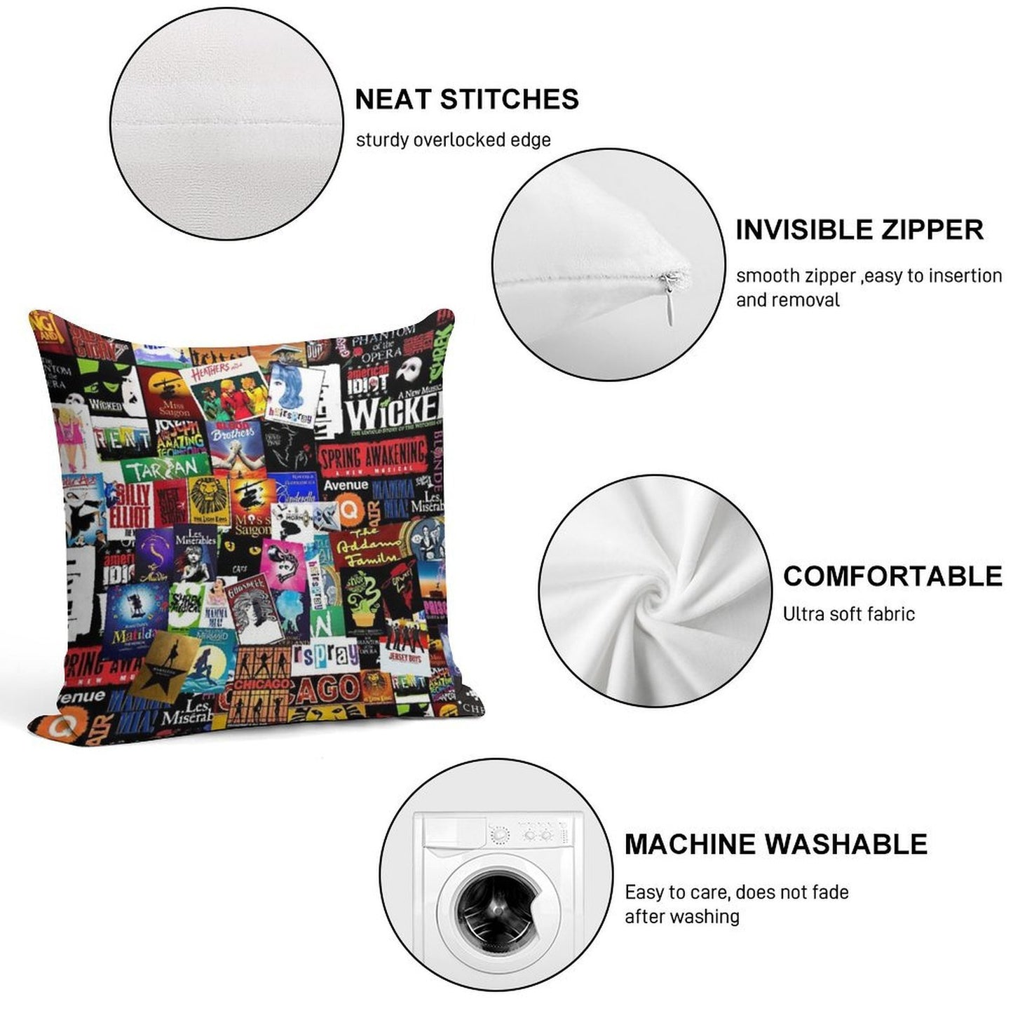 Musicals Collage II Original Soft Fade-Resistant Throw Pillow