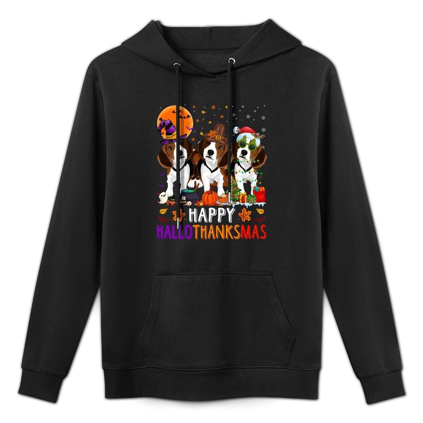 Happy Hallothanksmas Beagle Dog Halloween Christmas Kangaroo Pocket Hoodie