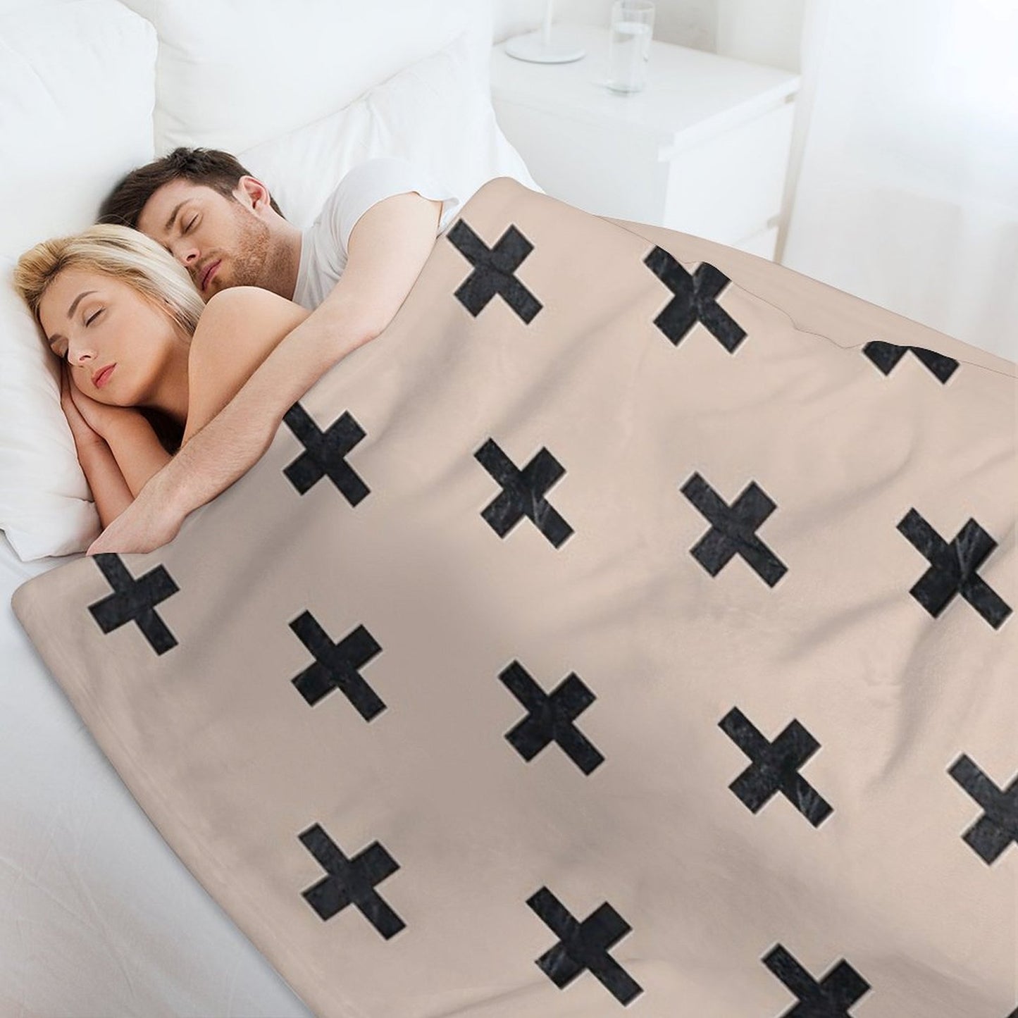 Beige And Black Textured Swiss Cross Pattern Throw Blanket