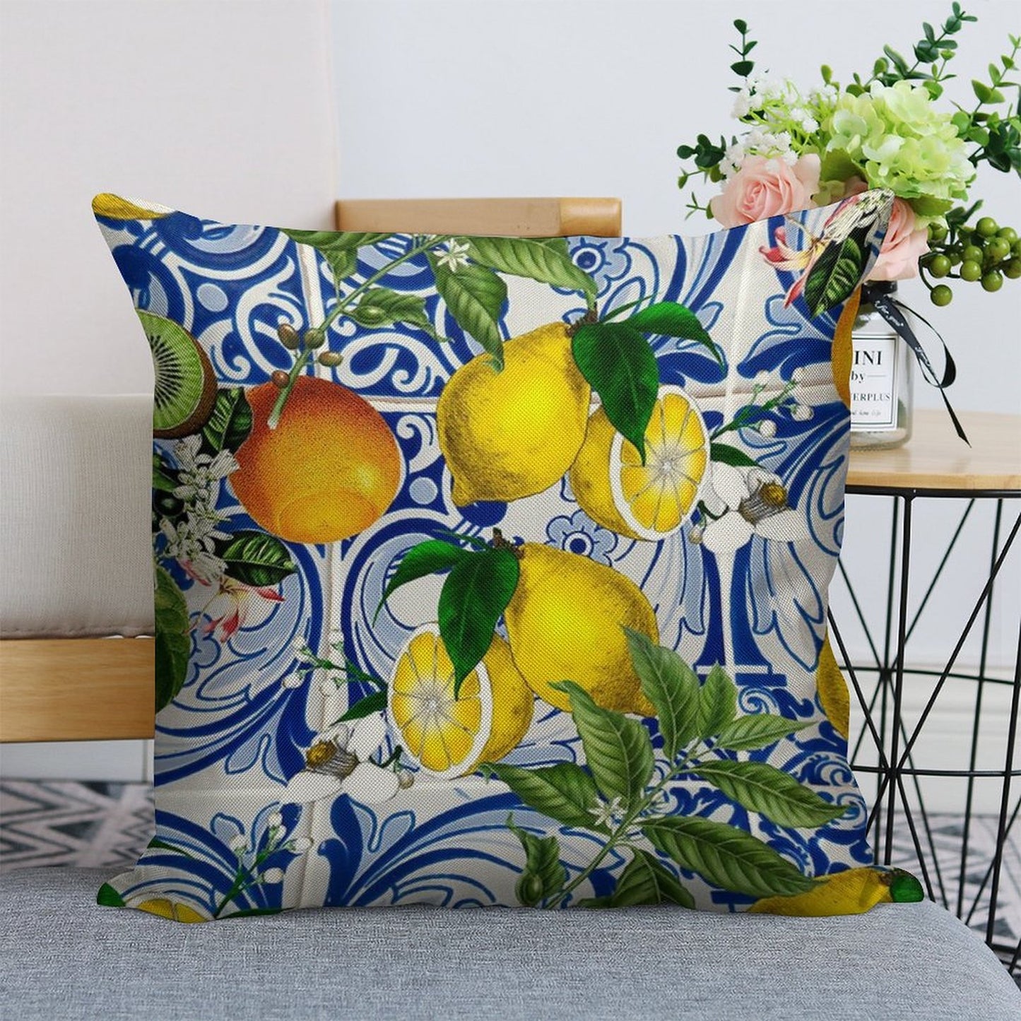 Mediterranean Lemon on Blue Ceramic Tiles Linen Throw Pillow Cover