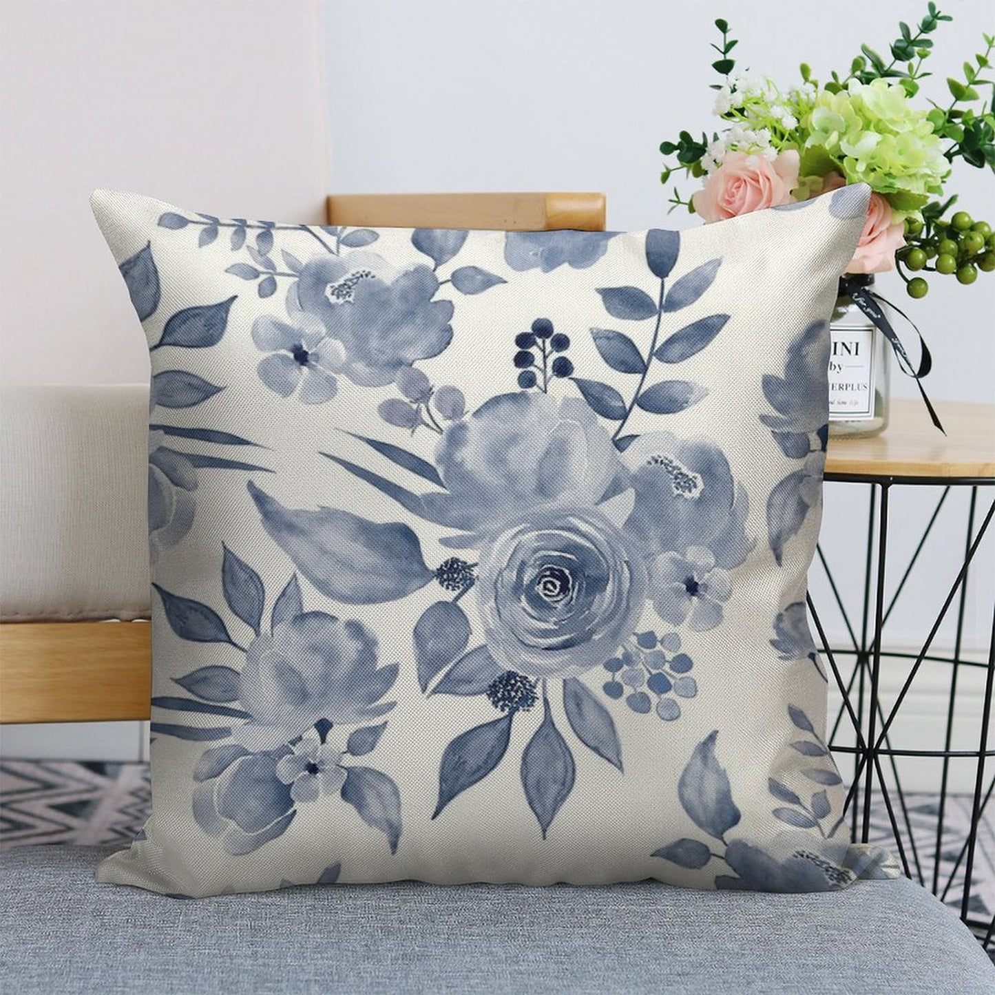 Hamptons Style Floral Design Linen Throw Pillow Cover