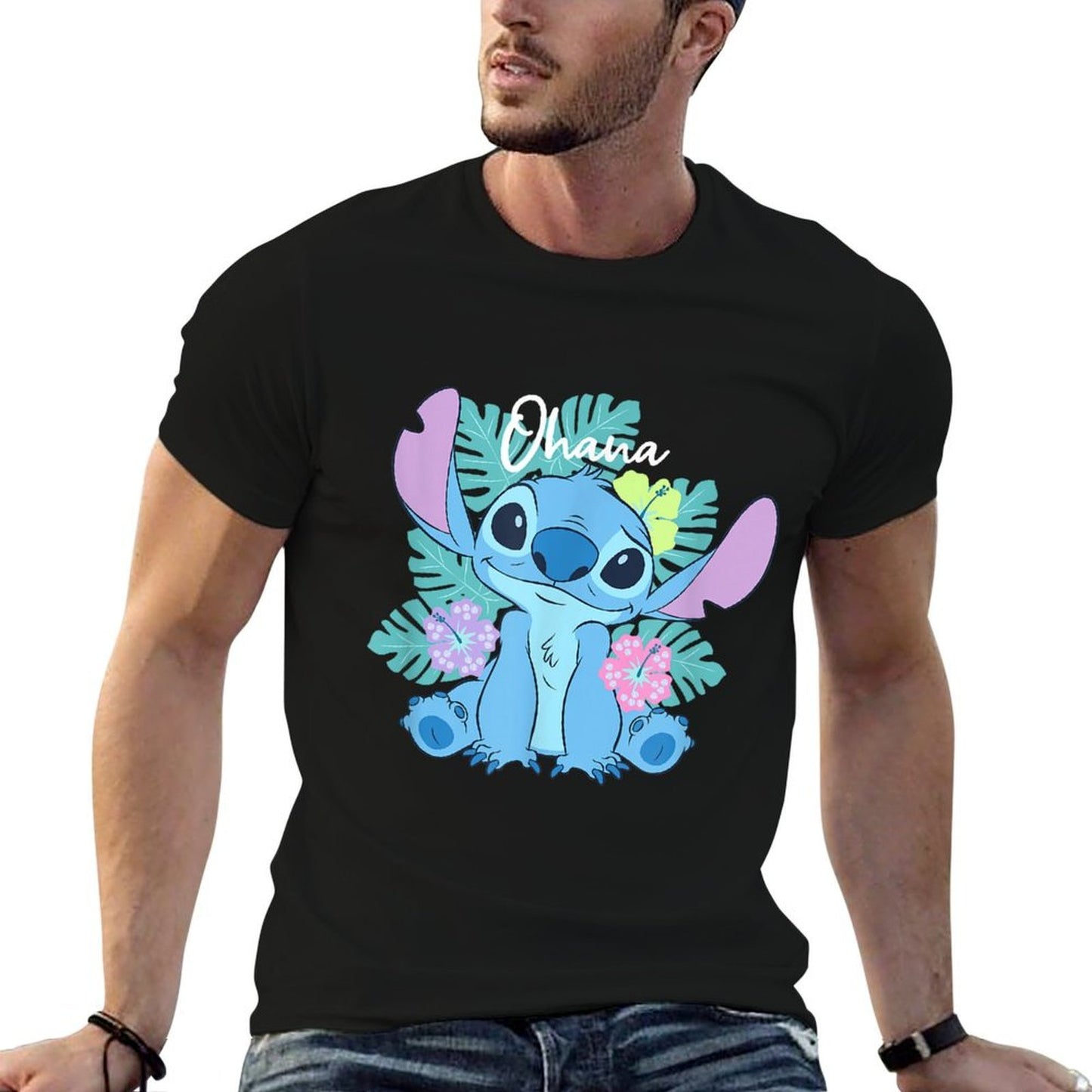 Disney Lilo Stitch Ohana Adorable Pose Floral Logo Versatile T-Shirt