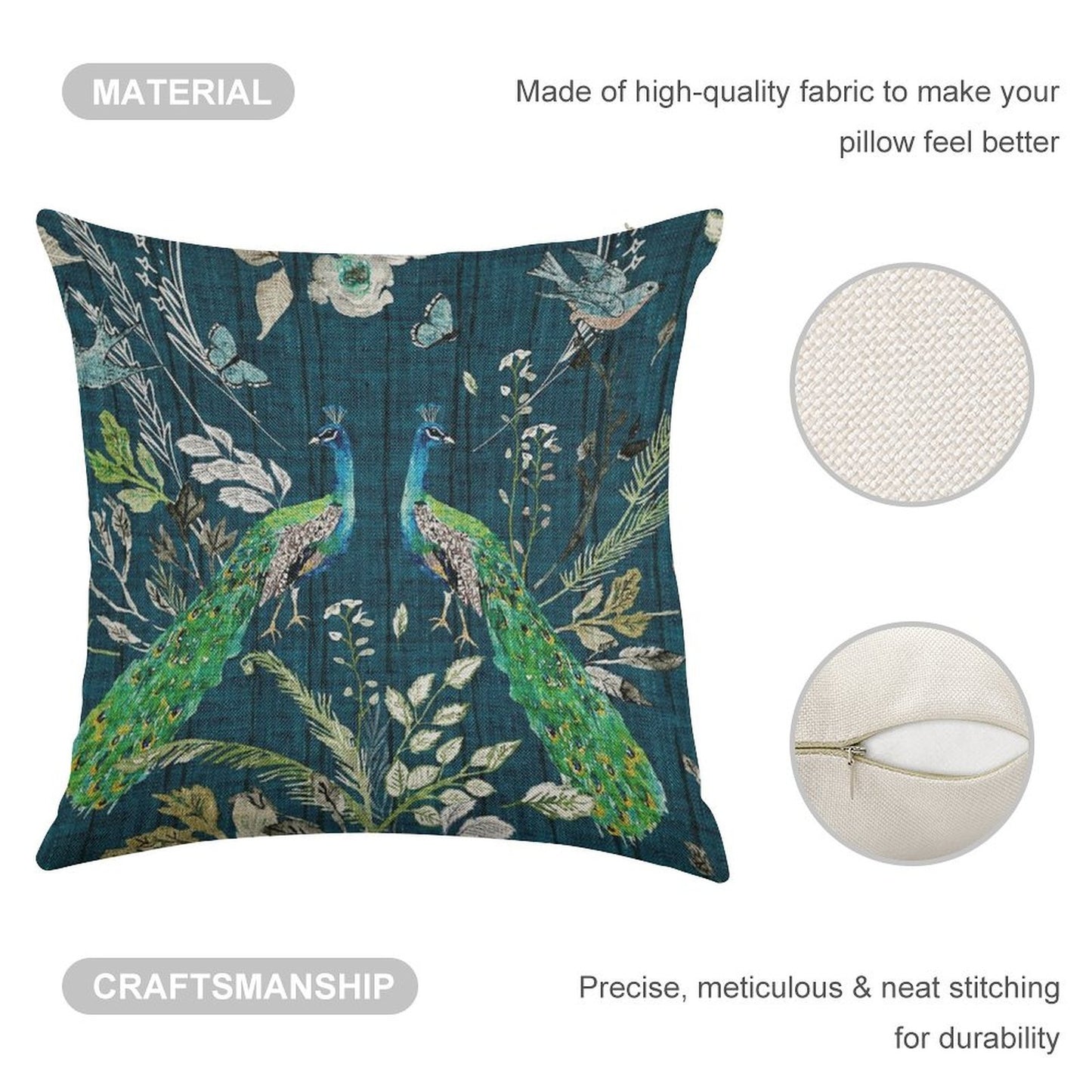 Peacock Chinoiserie (teal) Linen Throw Pillow Cover