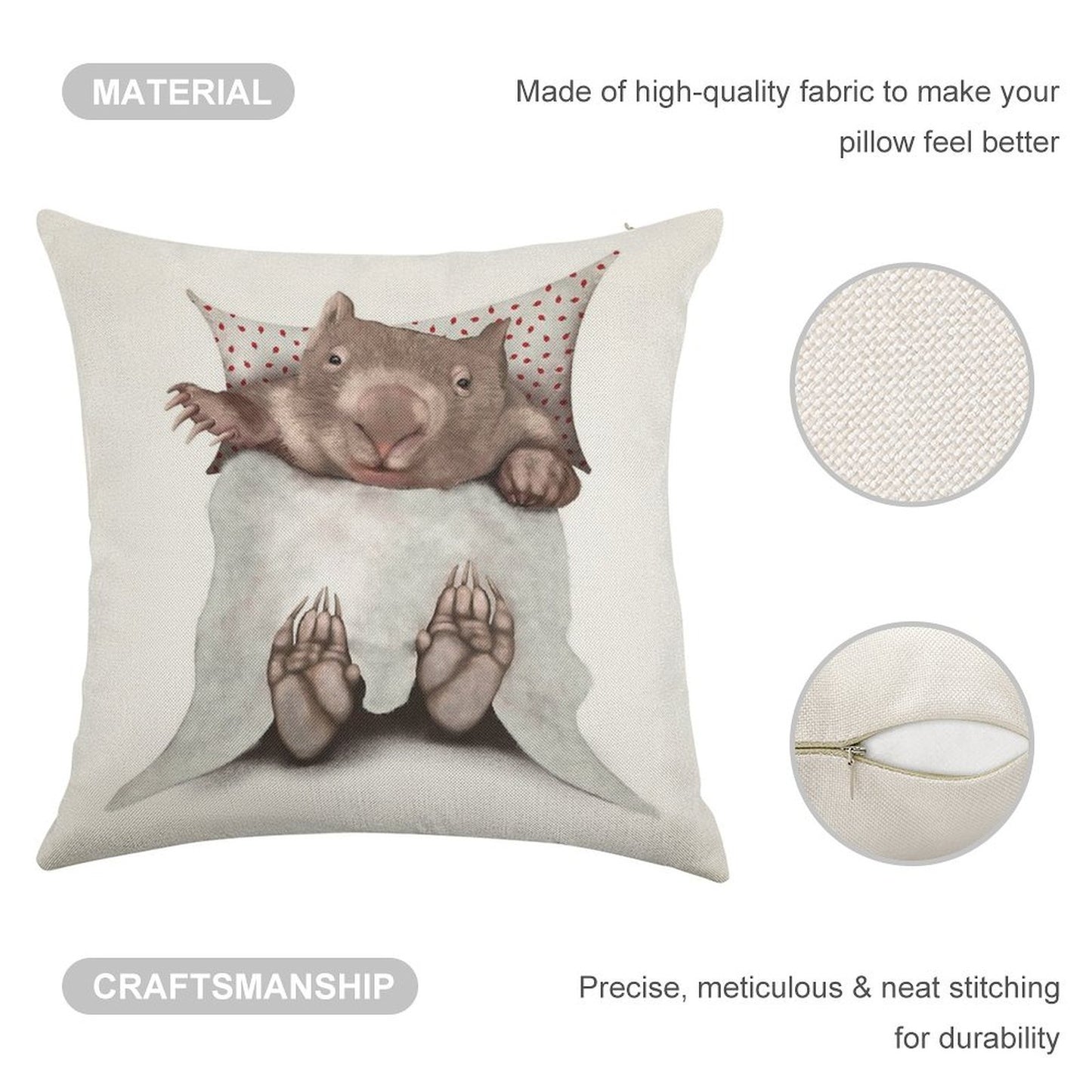 Wombat in Bed Linen Throw Pillow Cover