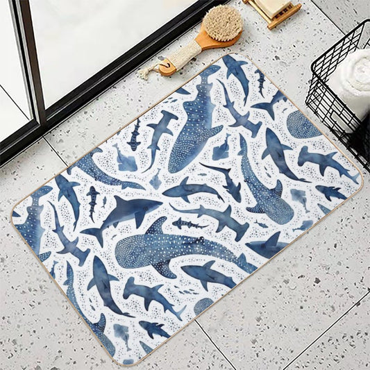 Monochrome Blue Watercolour Shark Ocean on White Bath Mat