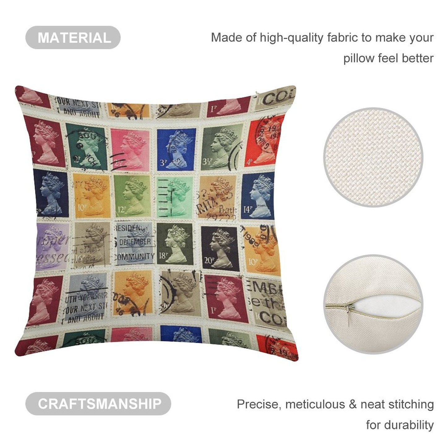 British Postage Stamps with A Queen Elizabeth Profile. Linen Throw Pillow Cover