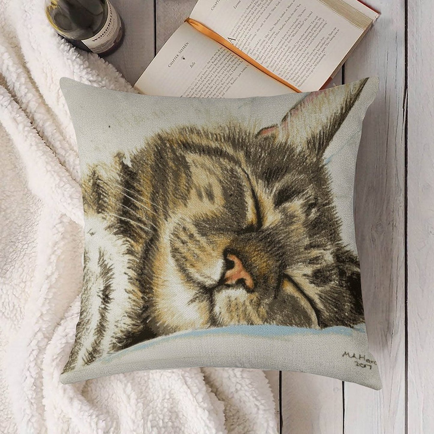 Sleeping Tabby Cat Linen Throw Pillow Cover