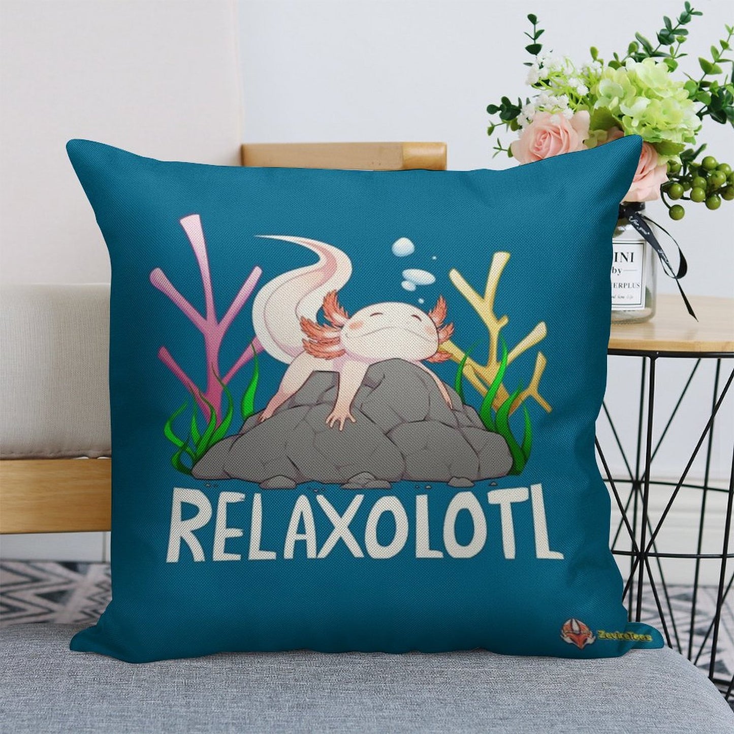 Relaxolotl A Cute Relaxing Axolotl on A Rock Linen Throw Pillow Cover