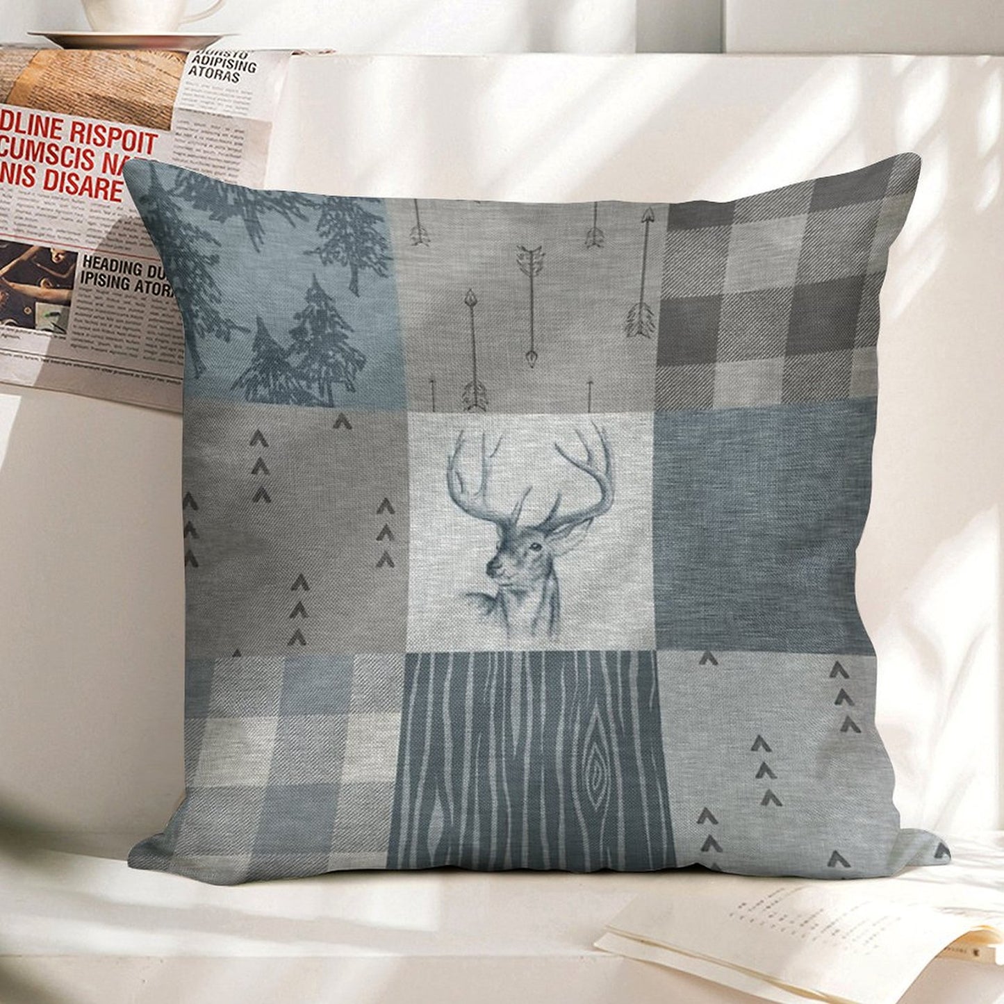 Deer Patchwork - Rustic Blue And Grey Linen Throw Pillow Cover