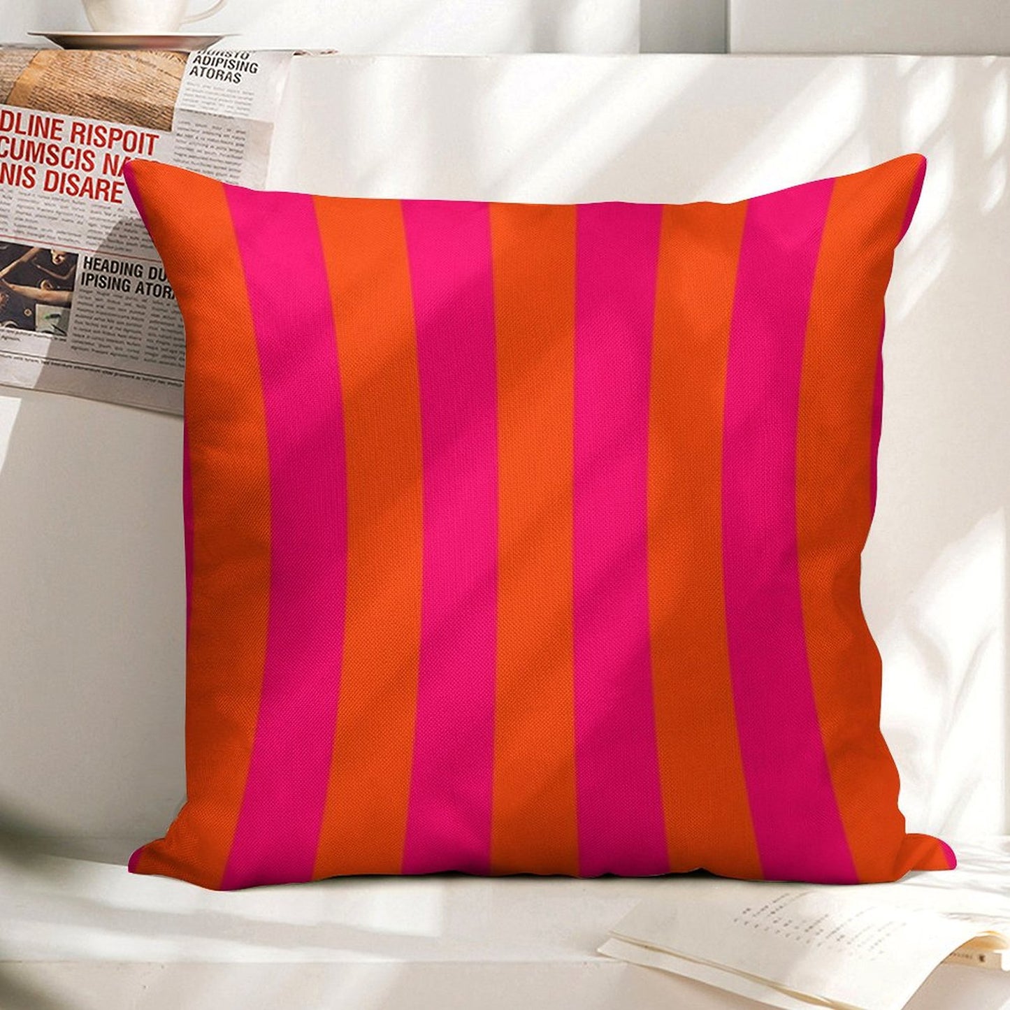 Bright Neon Pink And Orange Vertical Cabana Tent Stripes Linen Throw Pillow Cover
