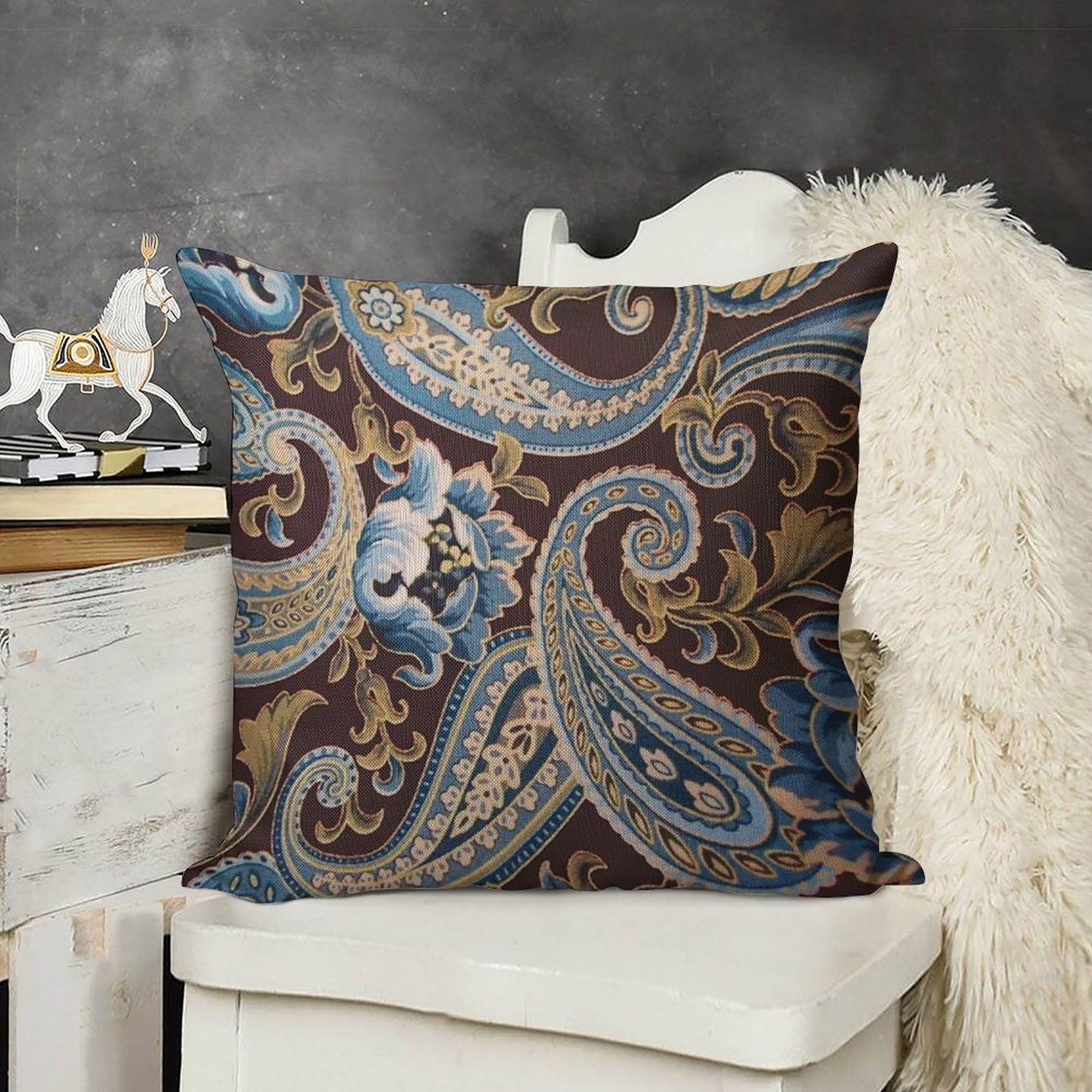 Blue Brown Vintage Paisley Linen Throw Pillow Cover