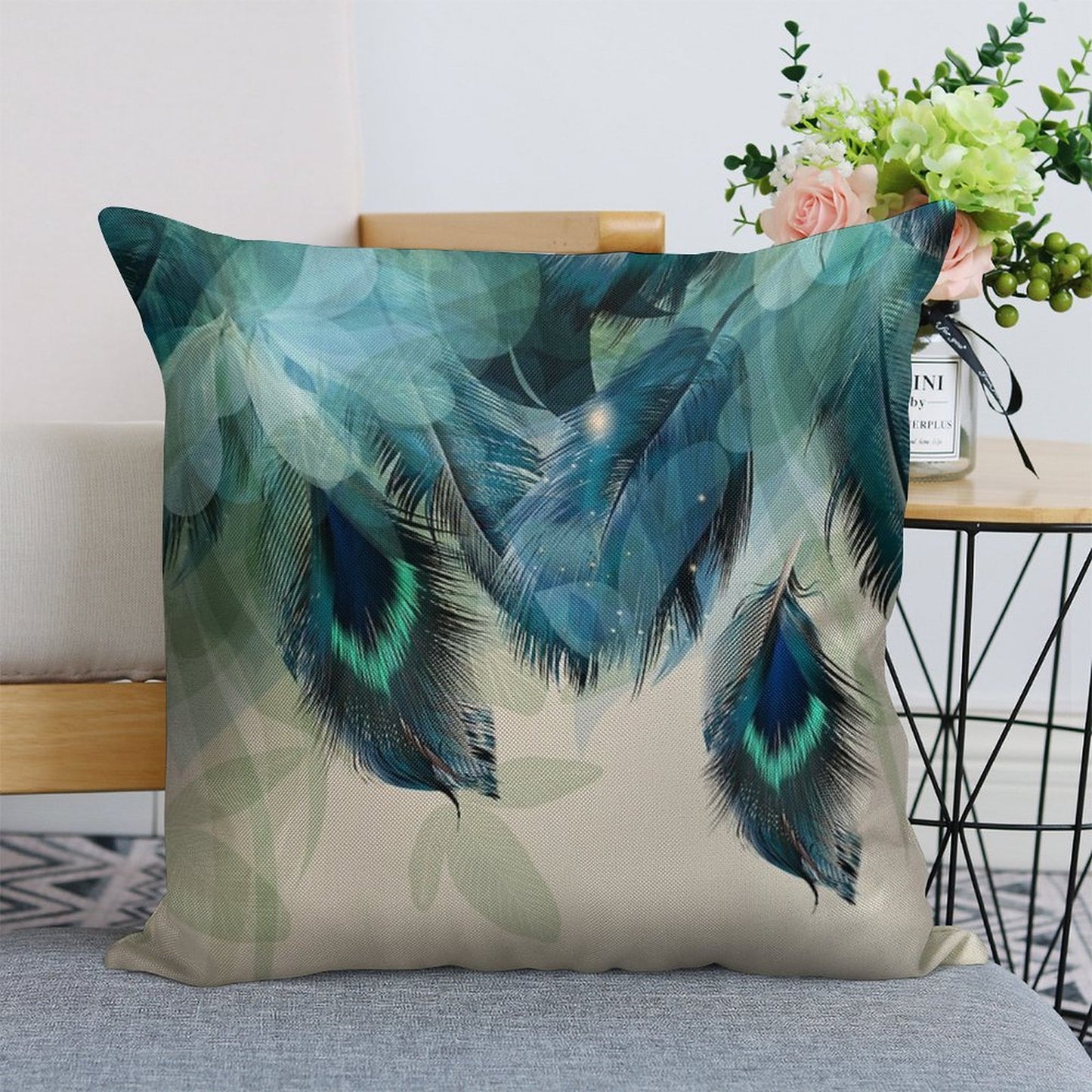 Peacock Feathers Turquoise Linen Throw Pillow Cover
