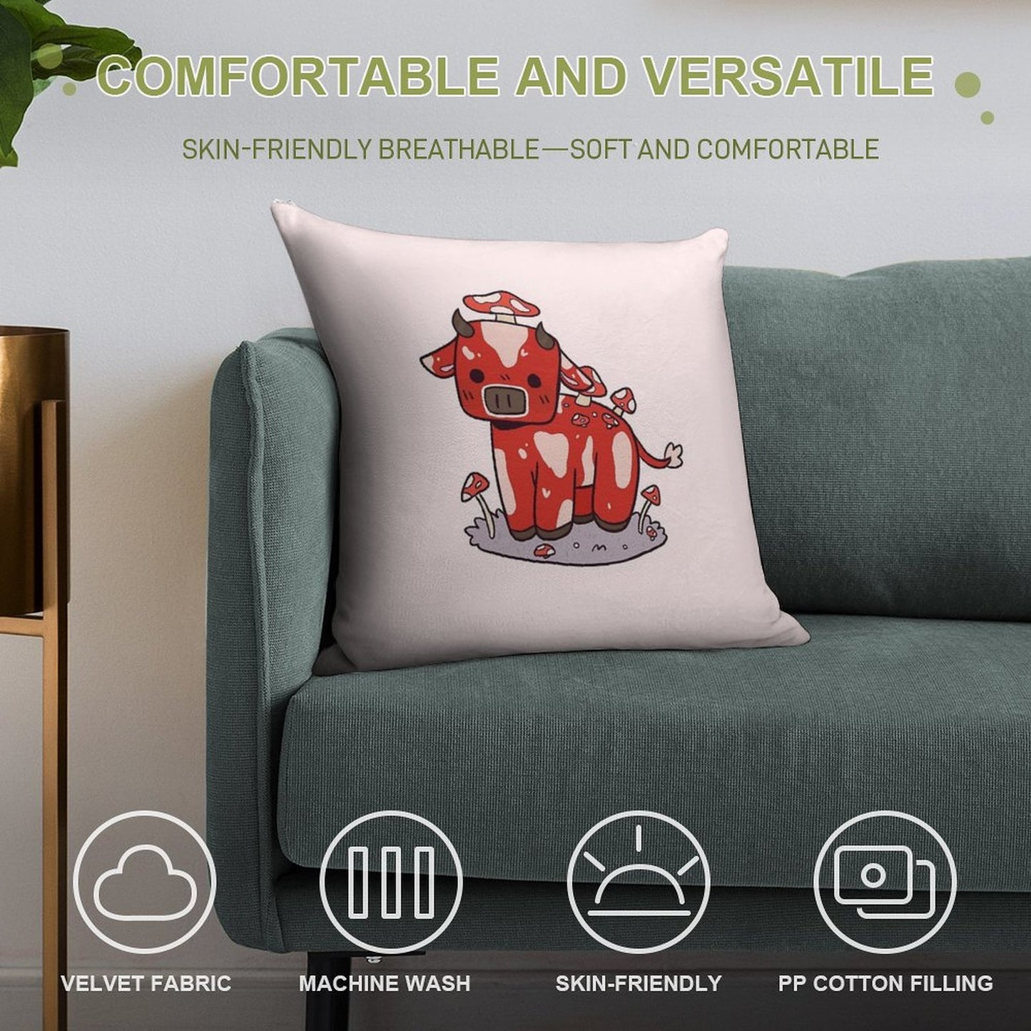 Little Mooshroom Soft Hidden Zipper Throw Pillow