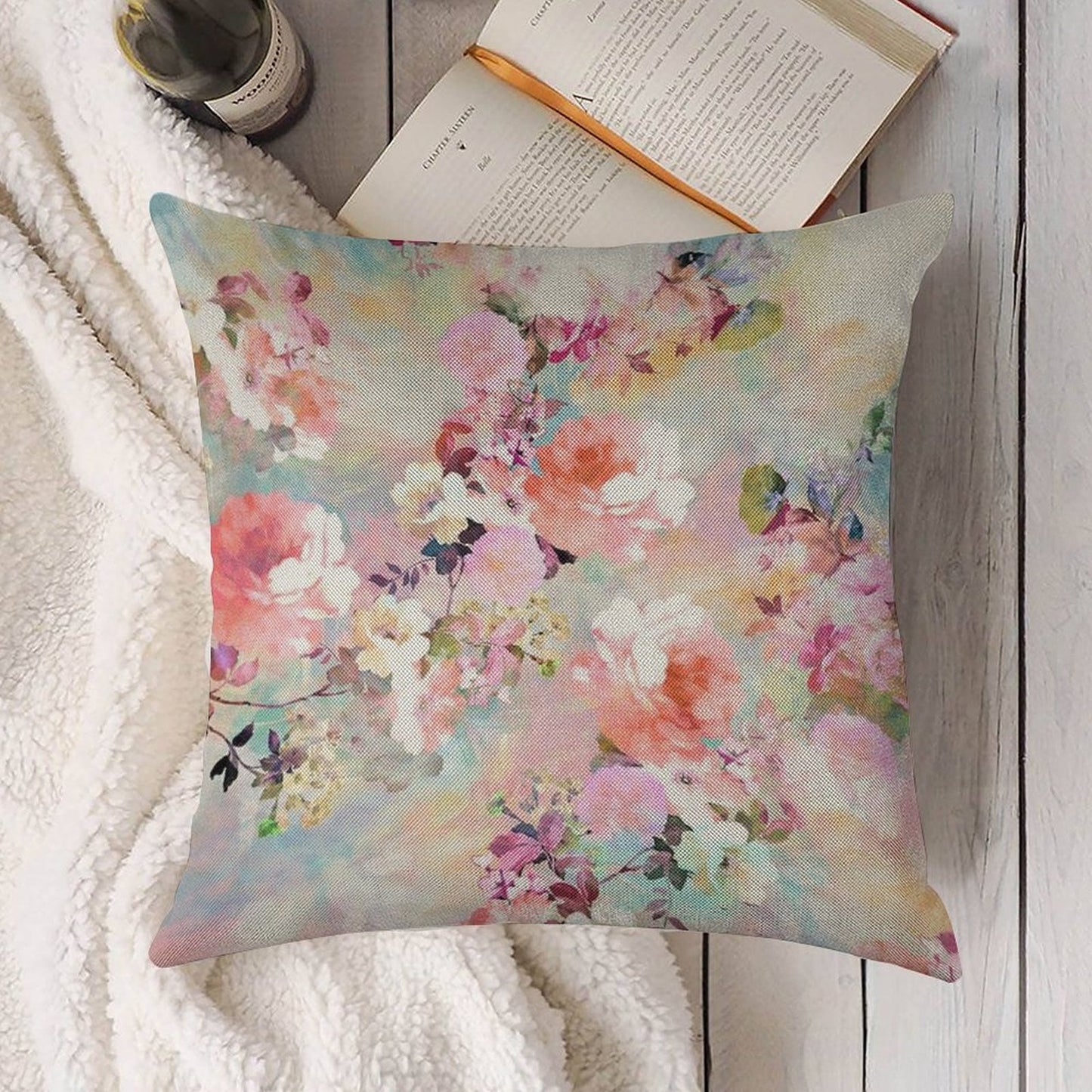 Romantic Pink Teal Watercolor Chic Floral Pattern Linen Throw Pillow Cover