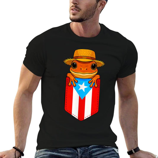 Jibaro Coqui Frog Puerto Rico Boricua Pocket Borinquen Ribbed Collar T-Shirt