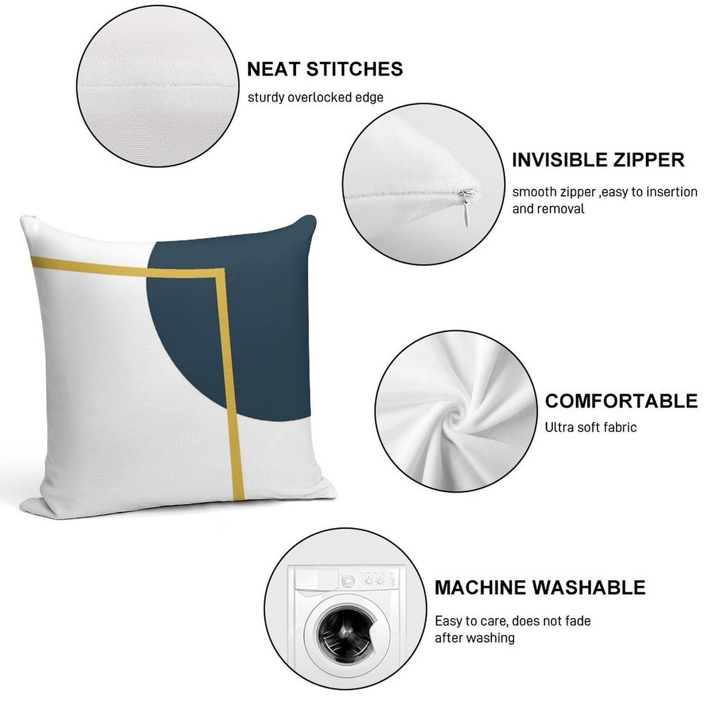 Abstract Geometric Minimalist Navy Blue, Light Mustard Yellow, And White Soft Easy Maintenance Throw Pillow