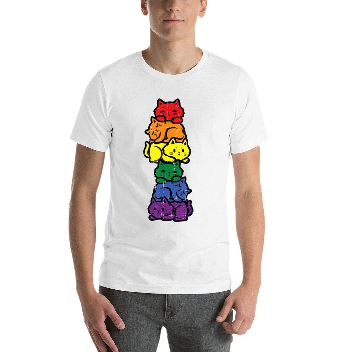 Gay Pride Cat Stack Rainbow Lgbt Anime Men Women Kids Stretchy T-Shirt