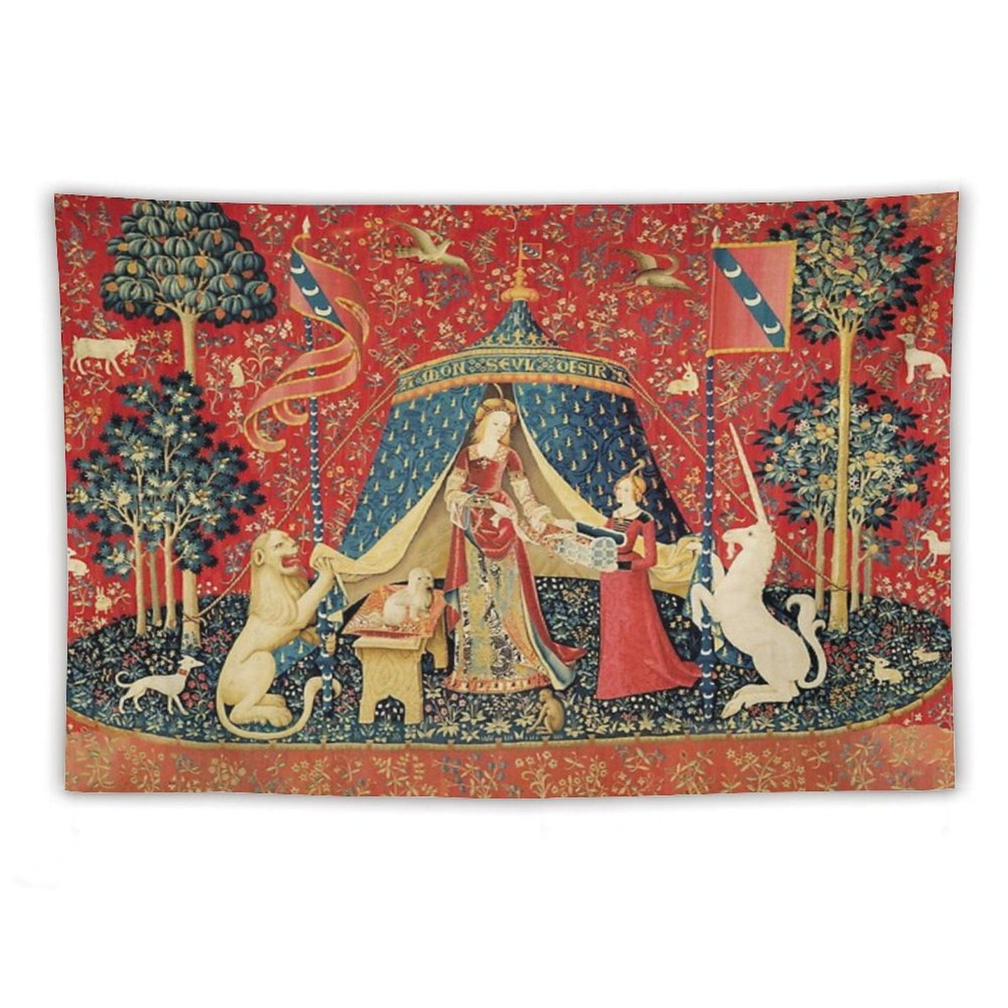 LADY AND THE UNICORN DESIRE ,Lion,Fantasy Flowers,Animals,Red Green Floral Tapestry Tapestry
