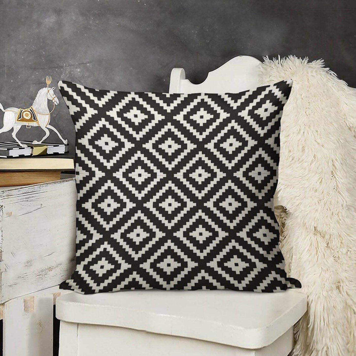 Aztec - White on Black Linen Throw Pillow Cover