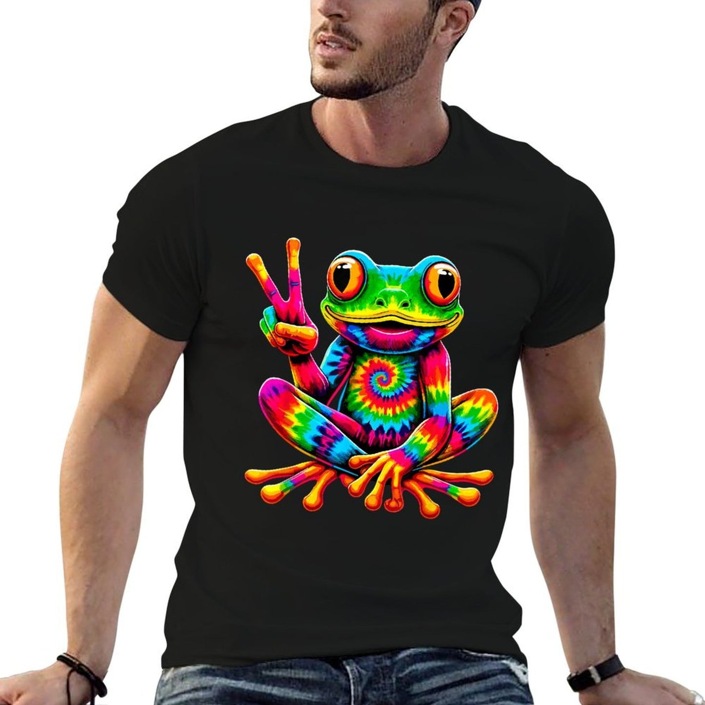 Tie-Dye Frog Peace Sign Hippie Slim-fit Cut T-Shirt