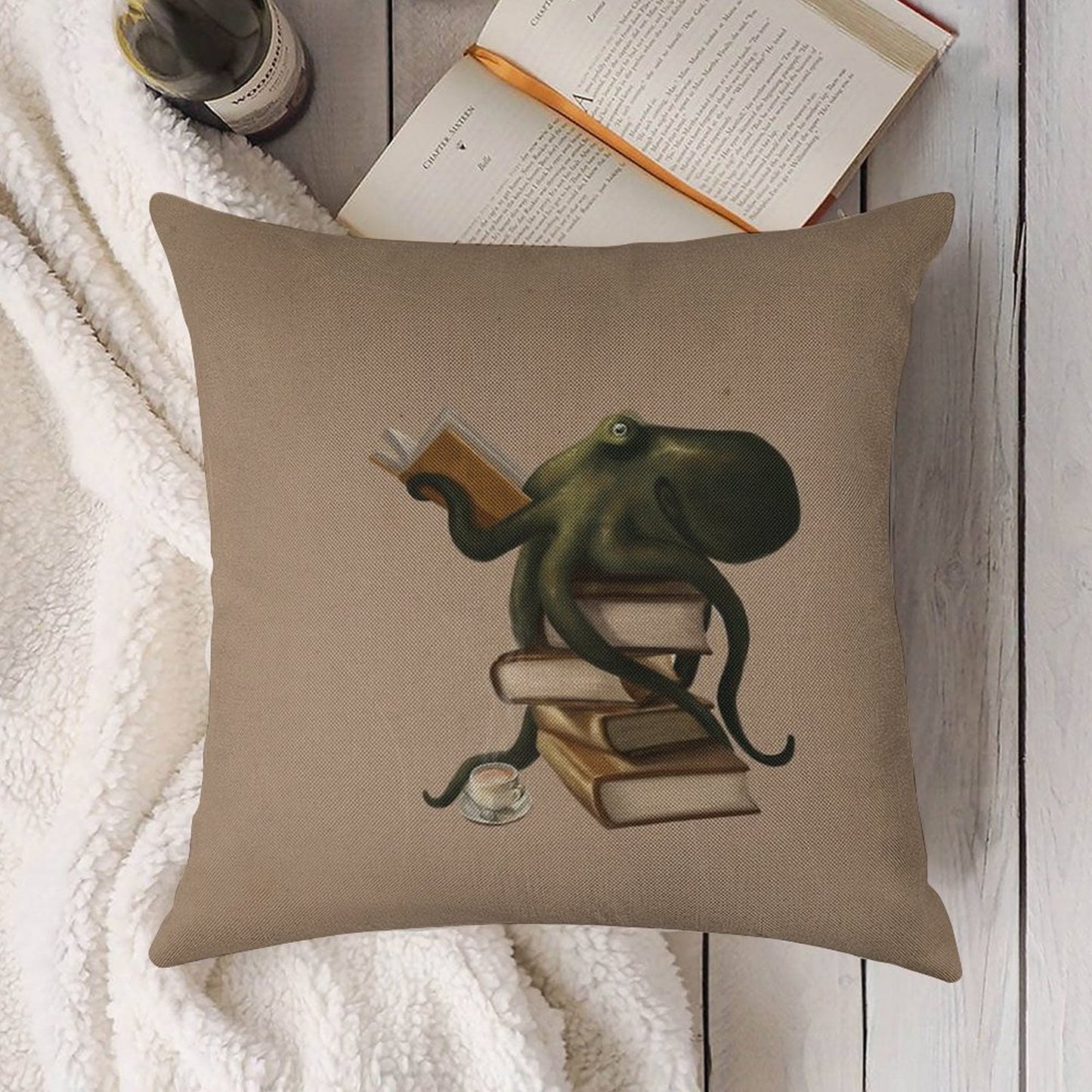 Well-Read Octopus Linen Throw Pillow Cover