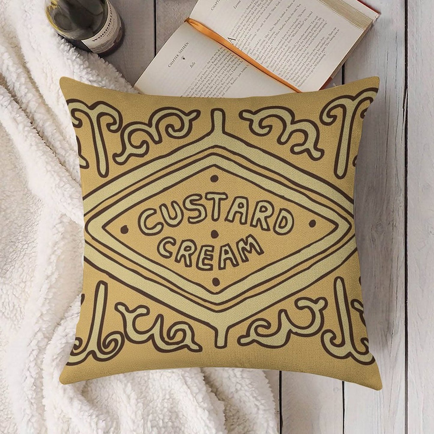 Custard Cream British Biscuit Linen Throw Pillow Cover