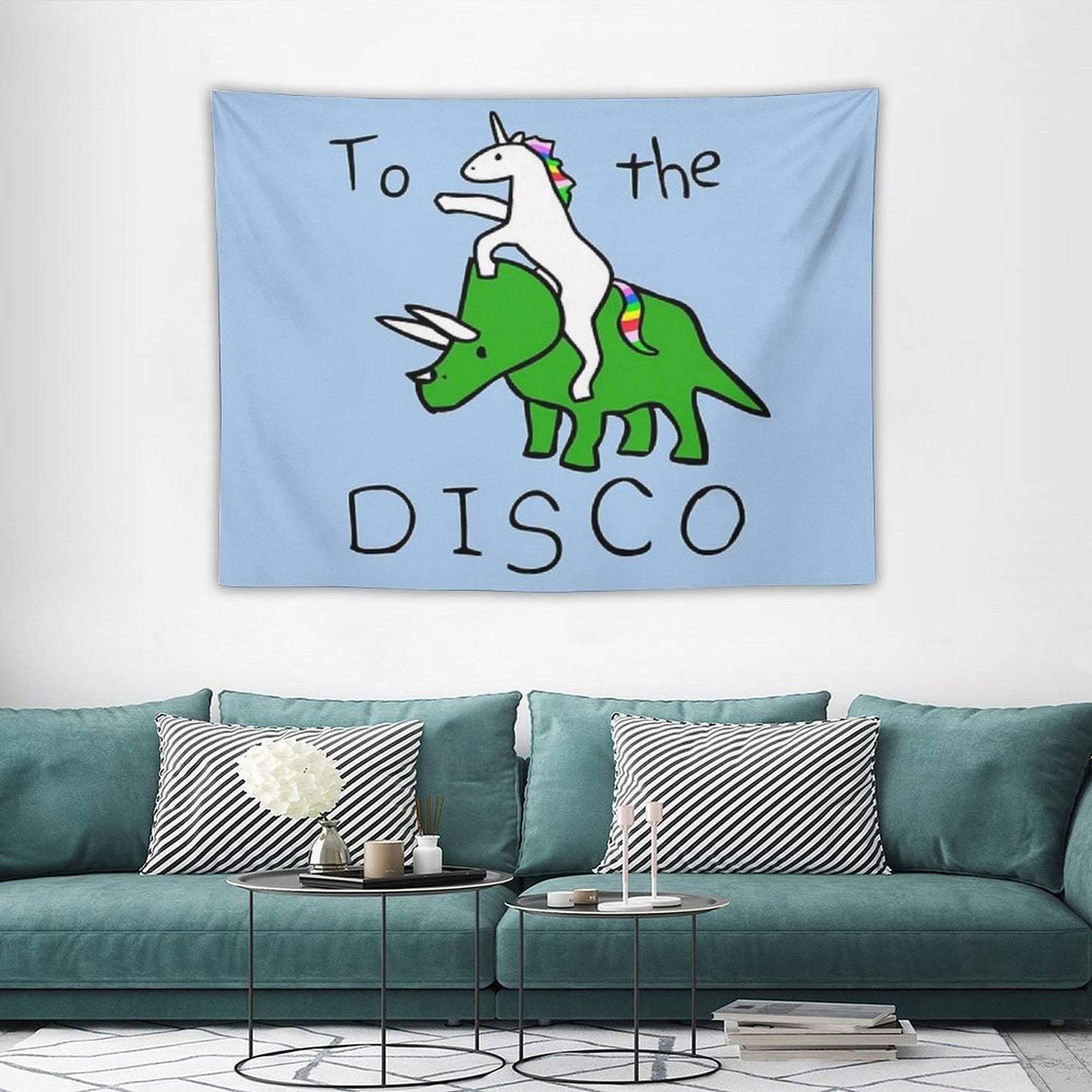 To The Disco (Unicorn Riding Triceratops) Tapestry