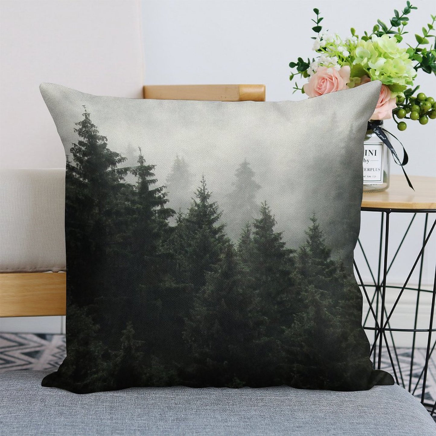 Waiting For  Misty Foggy Fairytale Forest With Cascadia Trees Covered In Magic Fog Linen Throw Pillow Cover