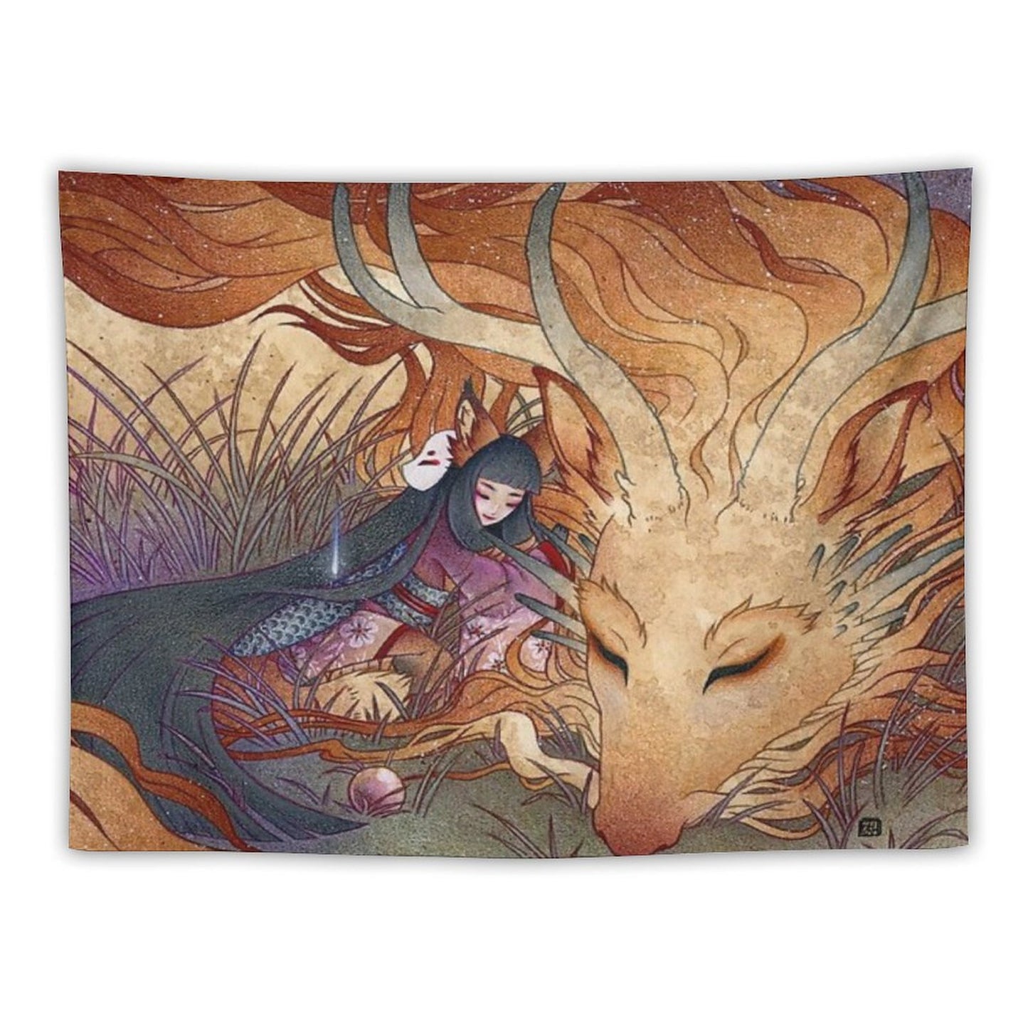 Slumbering Kitsune And Dragon Tapestry