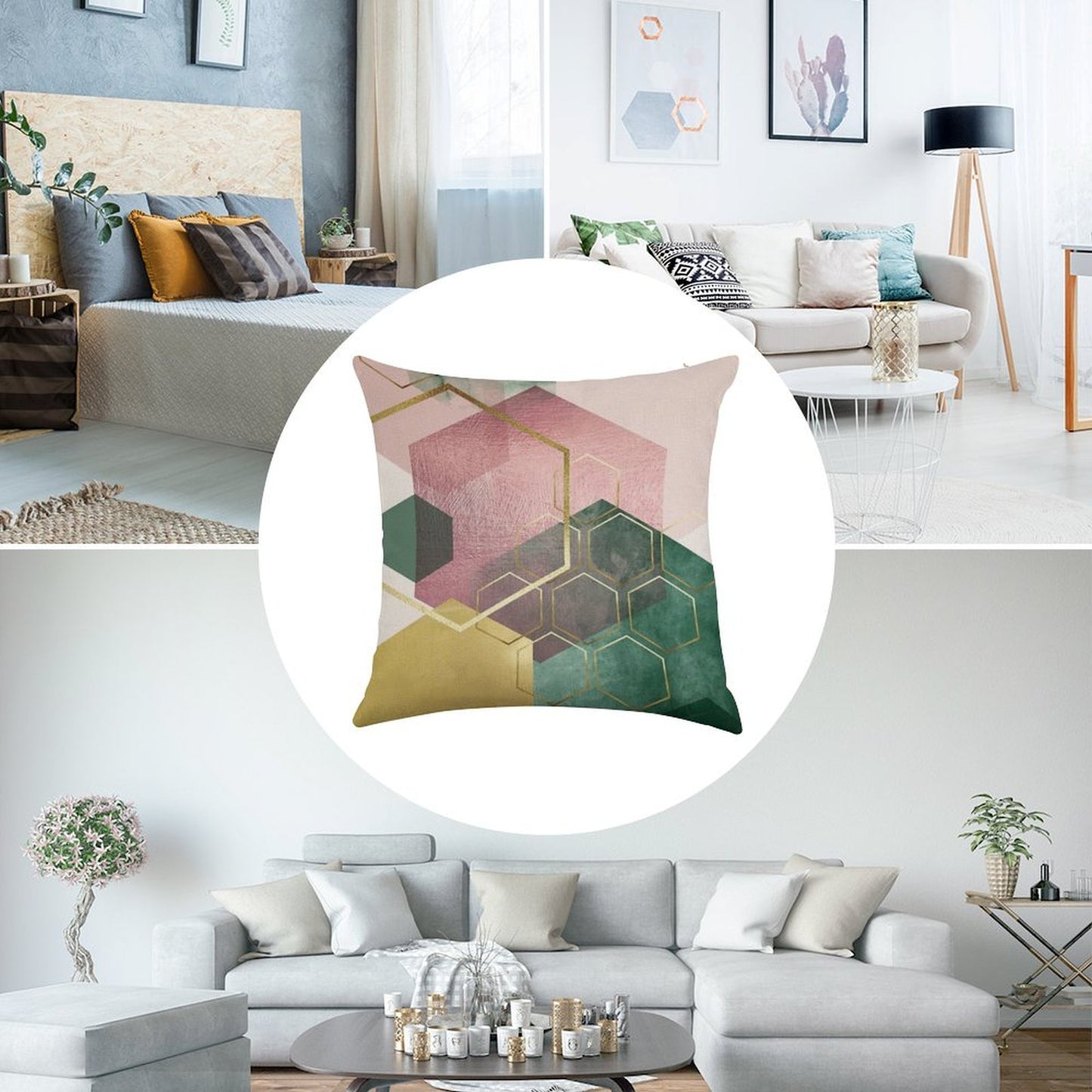 Emerald Green And Pink Geo No 3 Linen Throw Pillow Cover