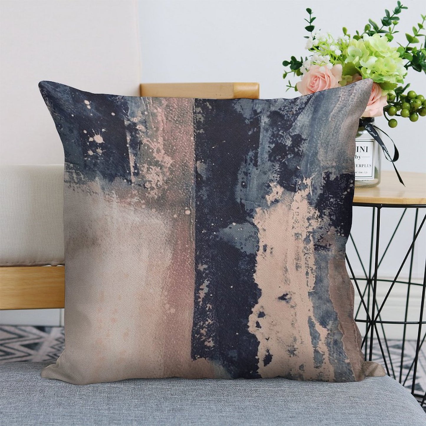 Horizontal Pink Navy Linen Throw Pillow Cover