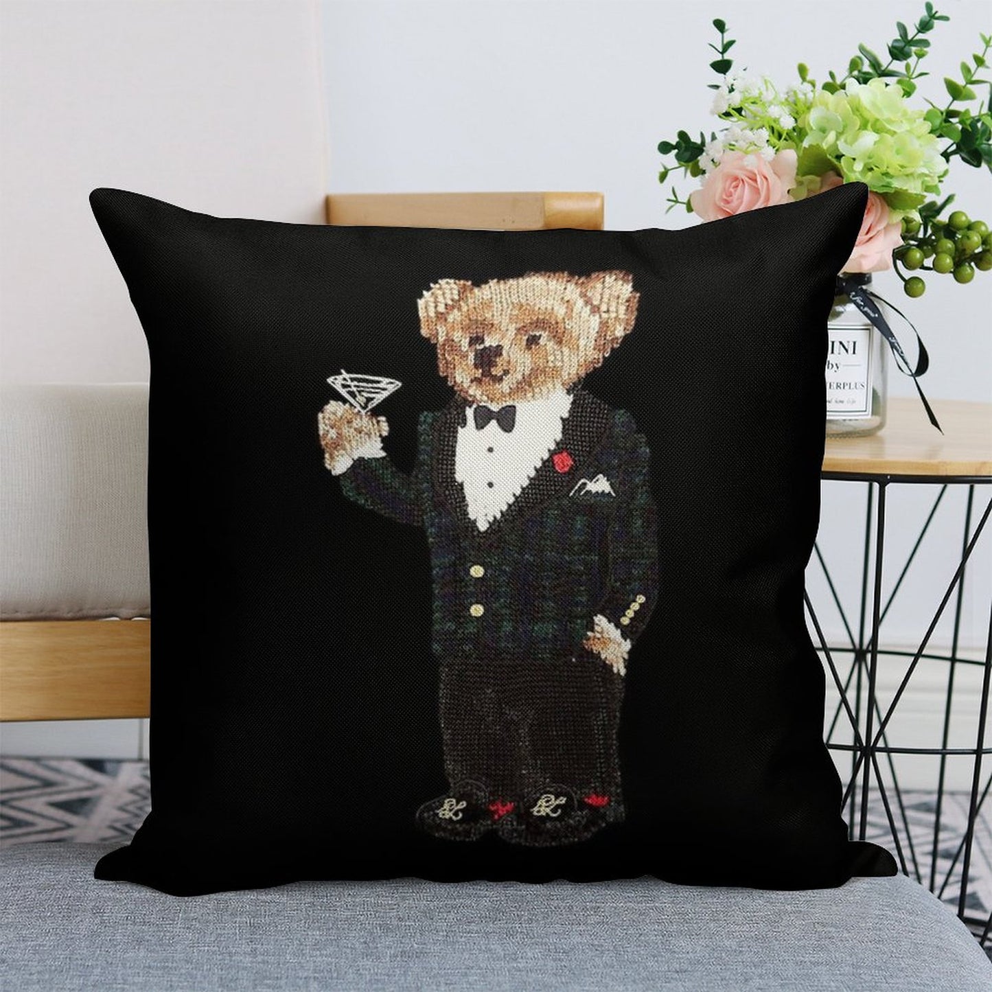 Gentleman Bear Linen Throw Pillow Cover