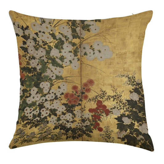 White Red Chrysanthemums Floral Japanese Gold Screen Print Linen Throw Pillow Cover